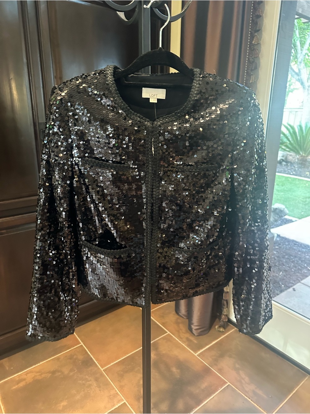 LOFT Black Sequin Cropped Blazer